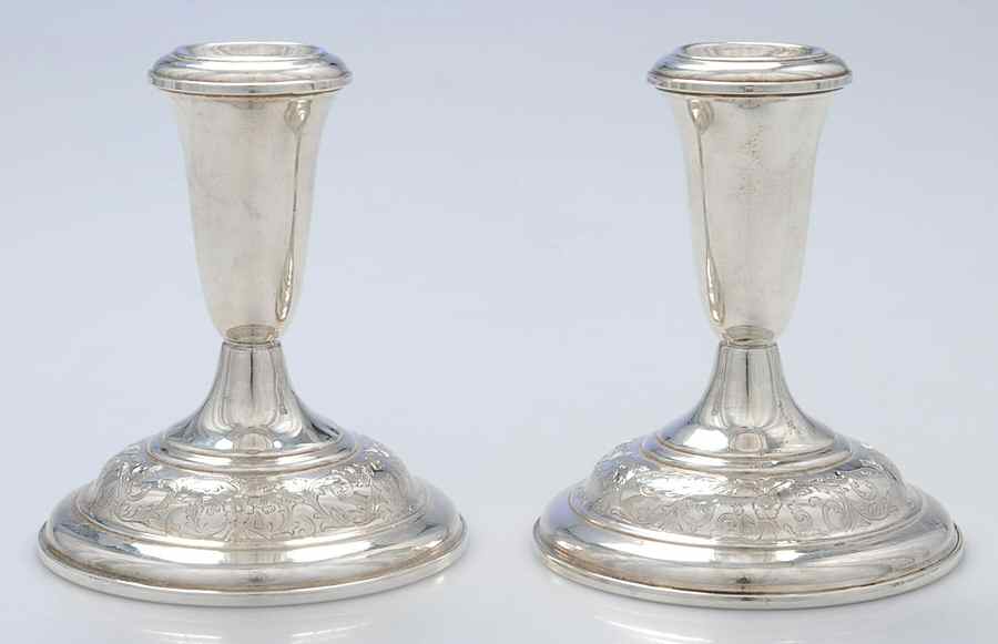 Old Maryland-Engv (Sterling, Hollowware) Pair of Weighted Candleholders by Kirk Stieff-1