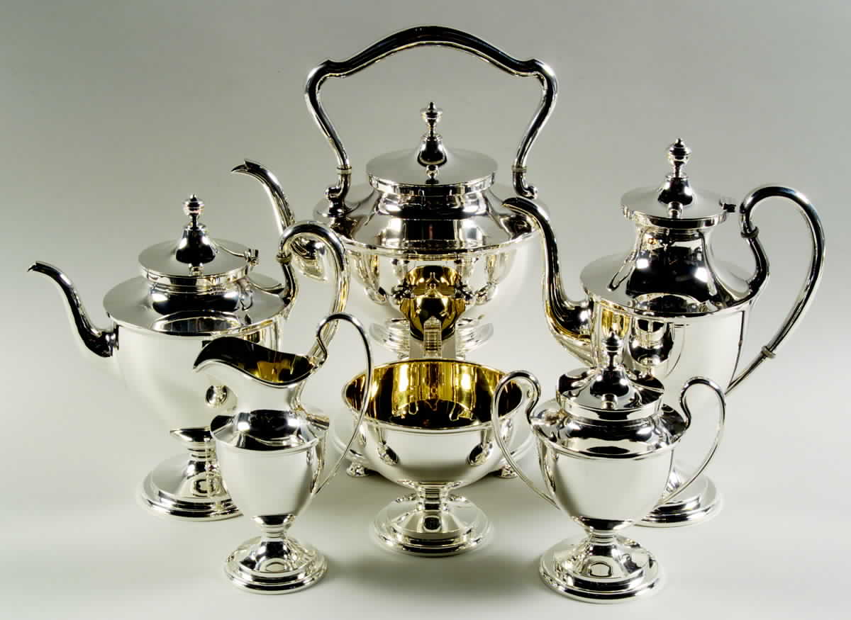 Calvert-Old Maryland Plain (Sterling, Hollowware) 6 Piece Tea Set (SCP, STP, SCR, SSU, SWB, SKES) by Kirk Stieff-1