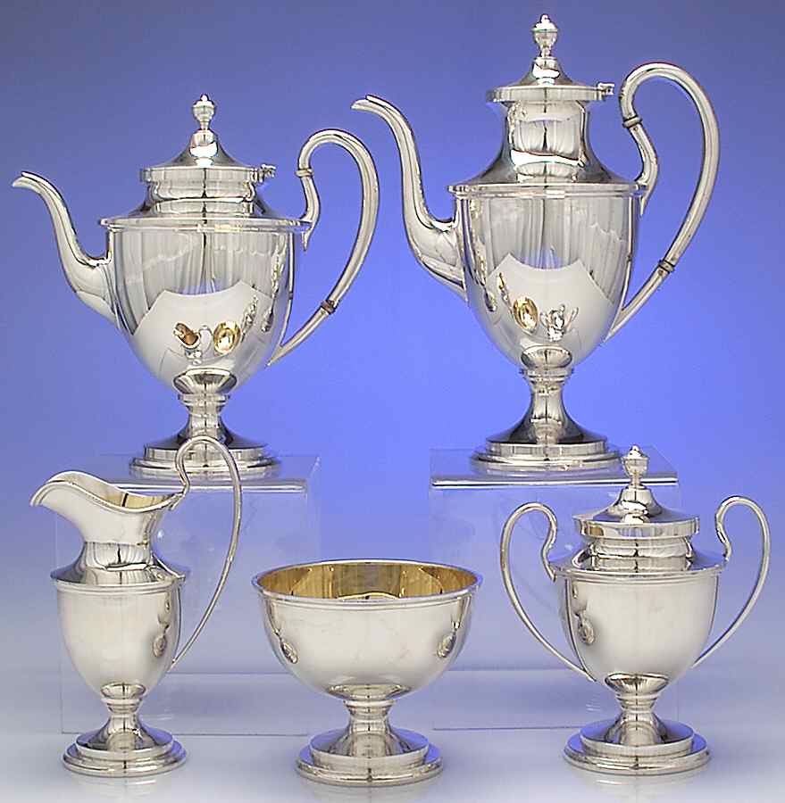 Calvert-Old Maryland Plain (Sterling, Hollowware) 5 Piece Tea Set (SCP, STP, SCR, SSU, SWB) by Kirk Stieff-1