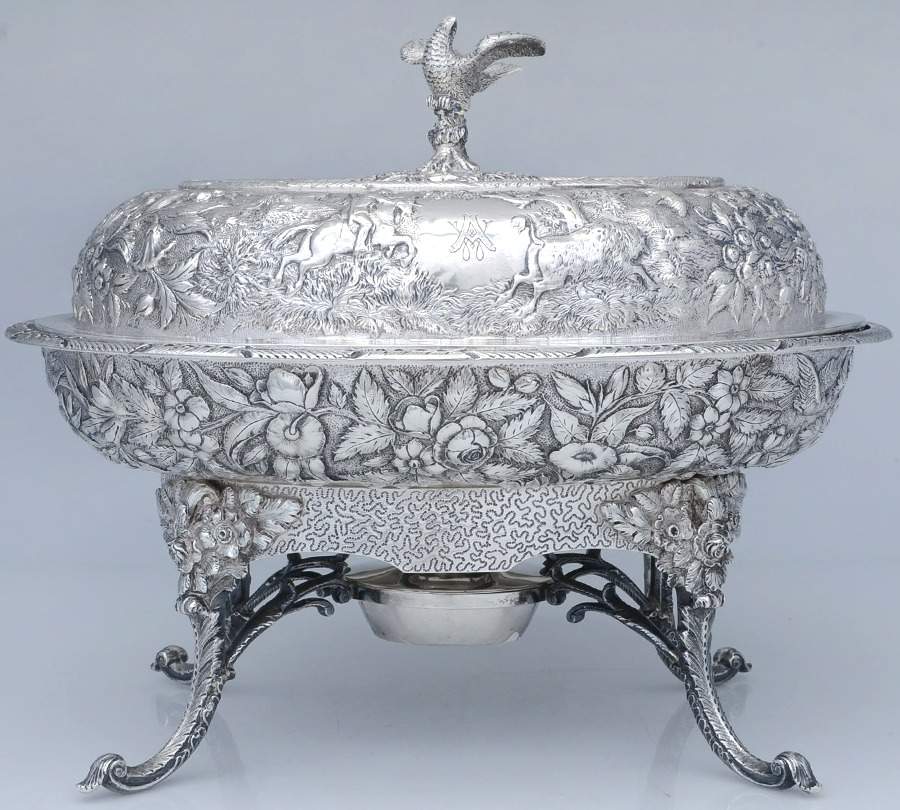 Repousse (Coin, Hollowware, No Landscape) Chafing Dish W/Lid, Burner & Stand by Kirk Stieff-5