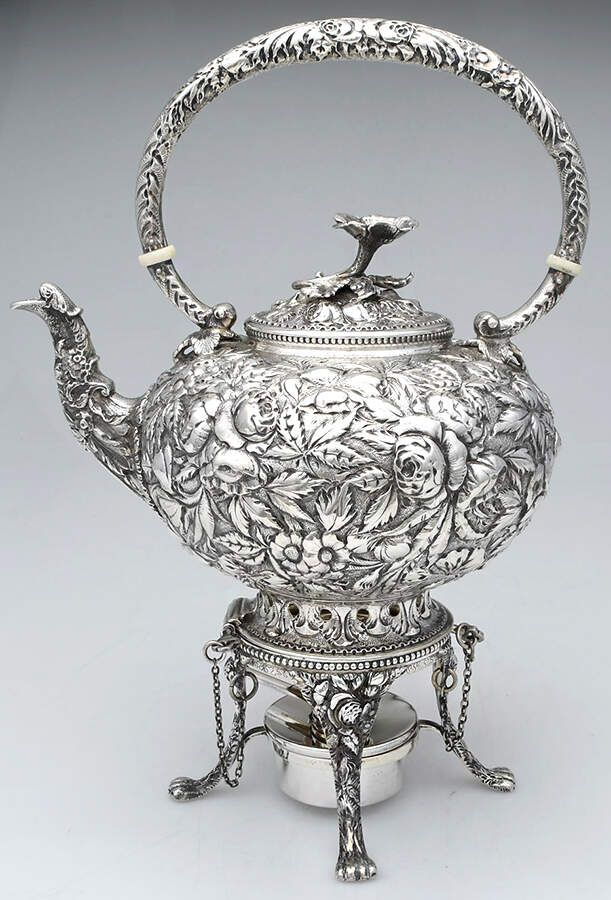 Repousse (Coin, Hollowware, No Landscape) Kettle Stand and Complimentary Silverplate Burner by Kirk Stieff-1