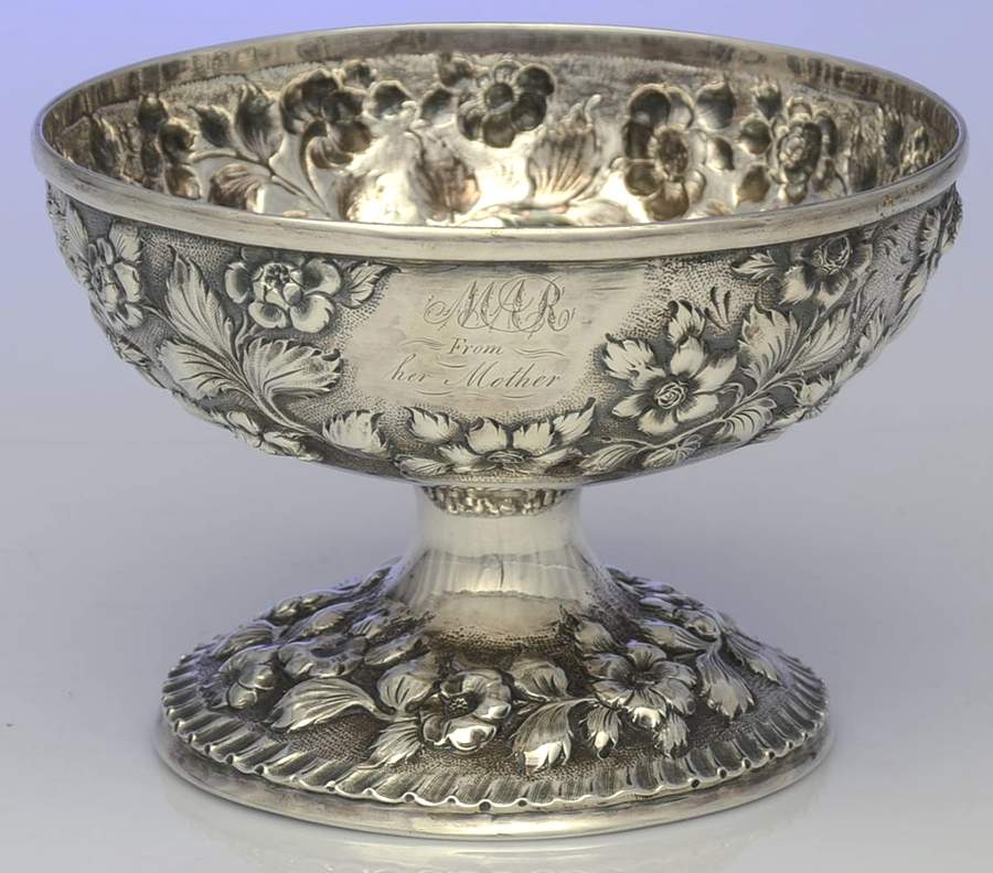 Repousse (Coin, Hollowware, No Landscape) 6" Round Pedestal Bowl by Kirk Stieff-1