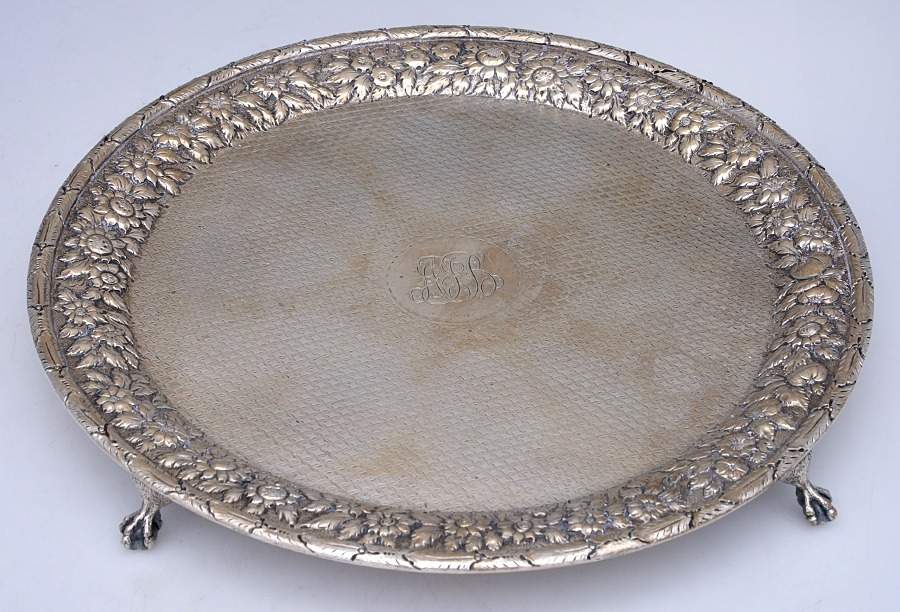Repousse (Coin, Hollowware, No Landscape) 13" 4 Toed Round Salver by Kirk Stieff-1