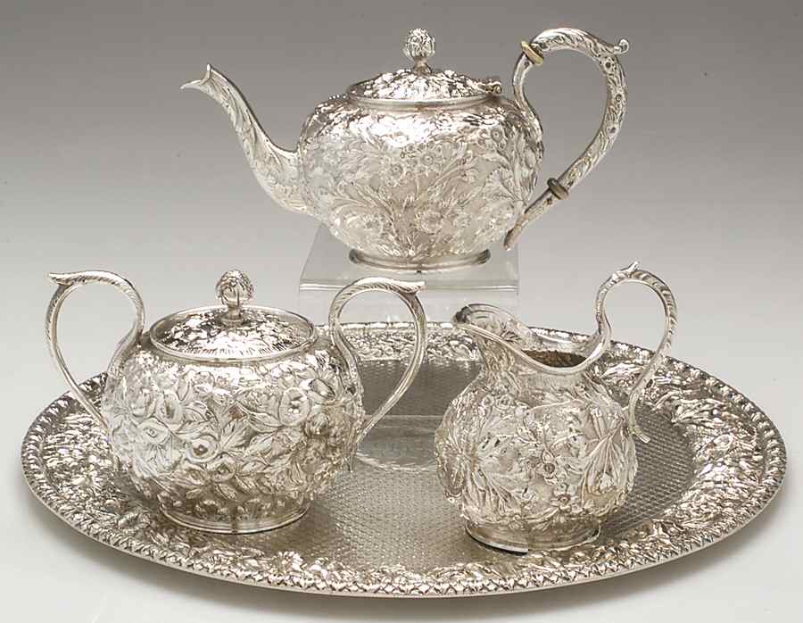 Repousse (Coin, Hollowware, No Landscape) 4 Piece Mini Tea Set (STPM, SCRM, SUM, RT13) by Kirk Stieff-1