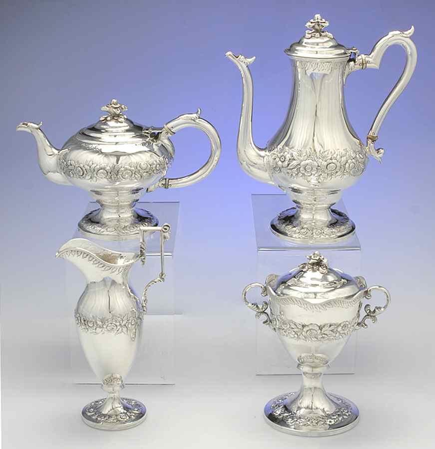Repousse (Coin, Hollowware, No Landscape) 4 Piece Tea Set (SCP, STP, SCR, SSU) by Kirk Stieff-1
