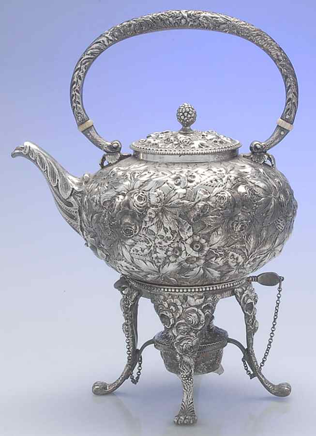 Repousse (Coin, Hollowware, No Landscape) Kettle, Stand & Burner by Kirk Stieff-1