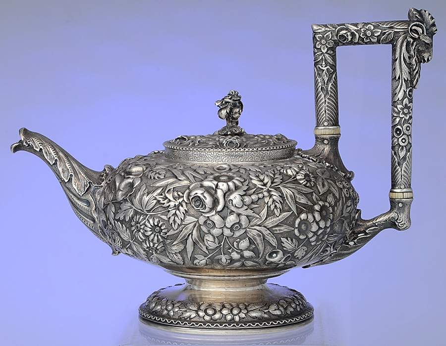 Repousse-Ram's Head (Coin, Full Chased) Teapot by Kirk Stieff-1