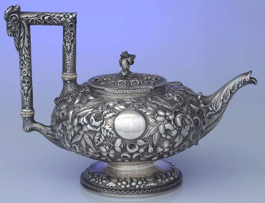 Repousse-Ram's Head (Coin, Full Chased) Teapot with Applied Shield by Kirk Stieff-1