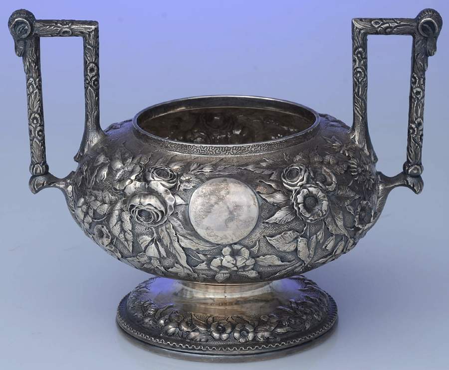 Repousse-Ram's Head (Coin, Full Chased) Sugar Bowl No Lid with Applied Shield by Kirk Stieff-1