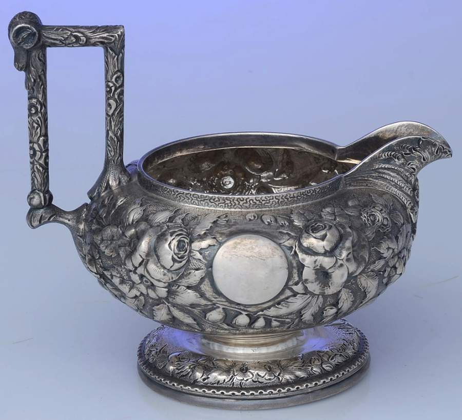 Repousse-Ram's Head (Coin, Full Chased) Creamer with Applied Shield by Kirk Stieff-1