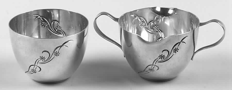 Cynthia-Engraved (Sterling, 1957, Hollowware)  Mini Sterling Creamer and Open Sugar by Kirk Stieff-1