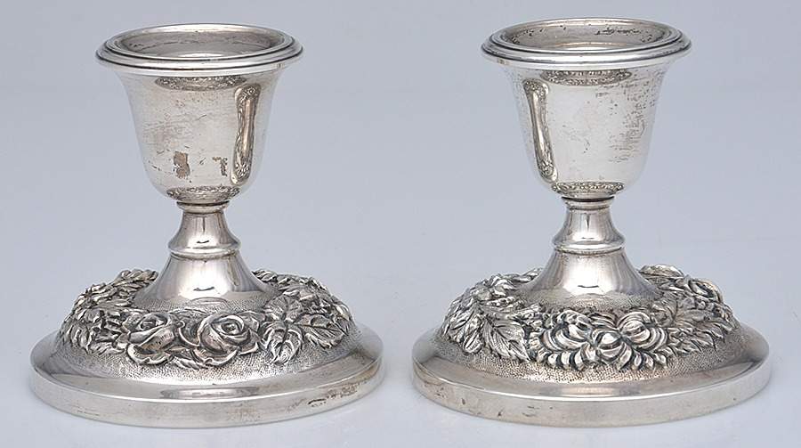 Stieff Rose (Sterling, 1892, Hollowware) Pair of Weighted Candleholders by Kirk Stieff-1