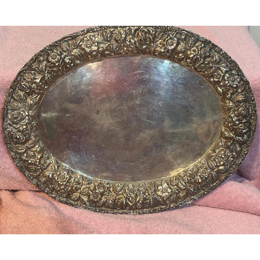 Stieff Rose (Sterling, 1892, Hollowware) 14" Oval Serving Platter by Kirk Stieff-1