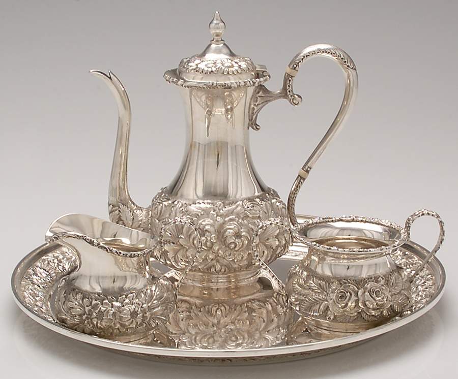 Stieff Rose (Sterling, 1892, Hollowware) 4 Pc Demitasse Set (Scpm,Scrm,Ssuom,Srt12) by Kirk Stieff-1
