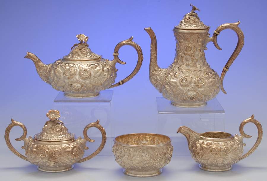 Stieff Rose (Sterling, 1892, Hollowware) 5 Piece Tea Set (CP4, TP4, CR4, SU4, WB4) by Kirk Stieff-1