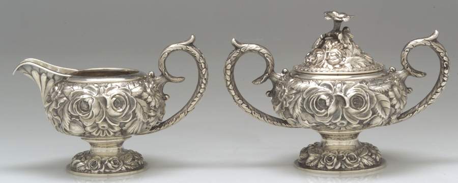 Stieff Rose (Sterling, 1892, Hollowware) Creamer & Sugar with Lid Set by Kirk Stieff-1