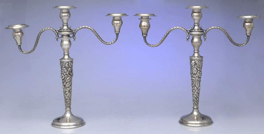Stieff Rose (Sterling, 1892, Hollowware) Pair of 13" Weighted 3 Light Candelabra by Kirk Stieff-1
