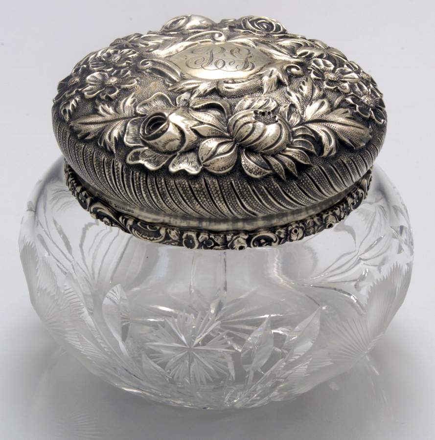 Stieff Rose (Sterling, 1892, Hollowware) Dresser Jar with Crystal Bowl and Sterling Lid by Kirk Stieff-1