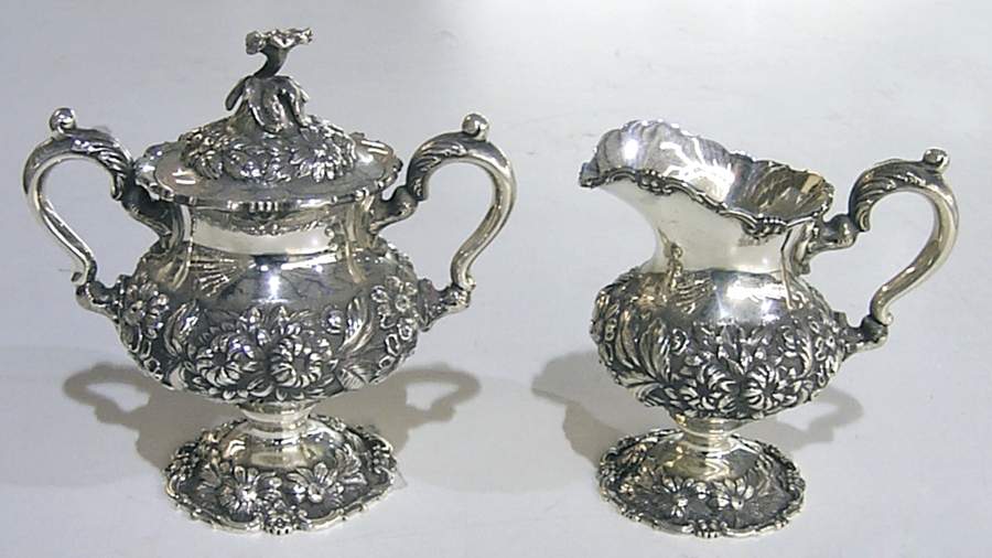 Stieff Rose (Sterling, 1892, Hollowware) Creamer & Sugar Bowl with Lid Set by Kirk Stieff-1