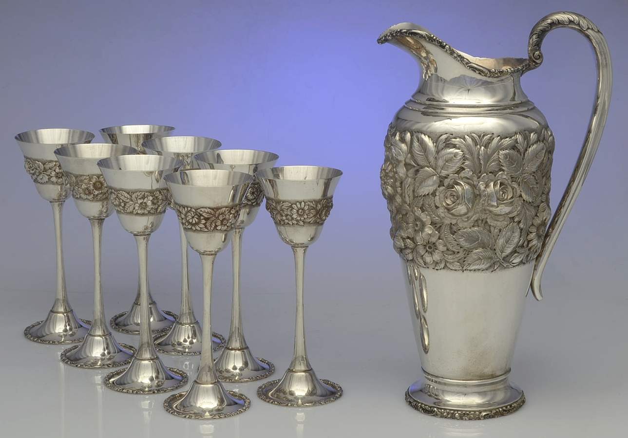 Stieff Rose (Sterling, 1892, Hollowware) 9 Pc Ewer Set (1 Ewer, 8 Wine) by Kirk Stieff-1
