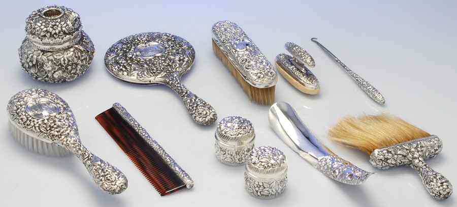 Stieff Rose (Sterling, 1892, Hollowware) 11 Piece Vanity Set by Kirk Stieff-1