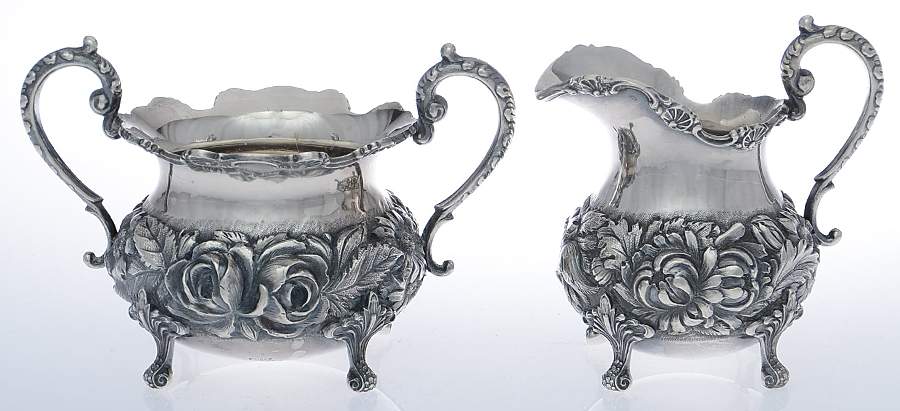 Stieff Rose (Sterling, 1892, Hollowware) Mini Creamer and Open Sugar Set by Kirk Stieff-1