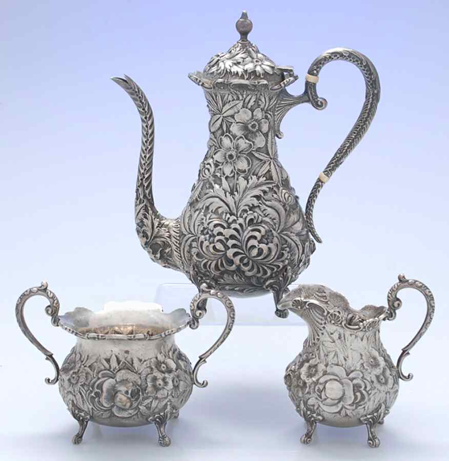 Stieff Rose (Sterling, 1892, Hollowware) 3 Piece Mini Tea Set (CRM1,SUOM1,CPM1) by Kirk Stieff-1