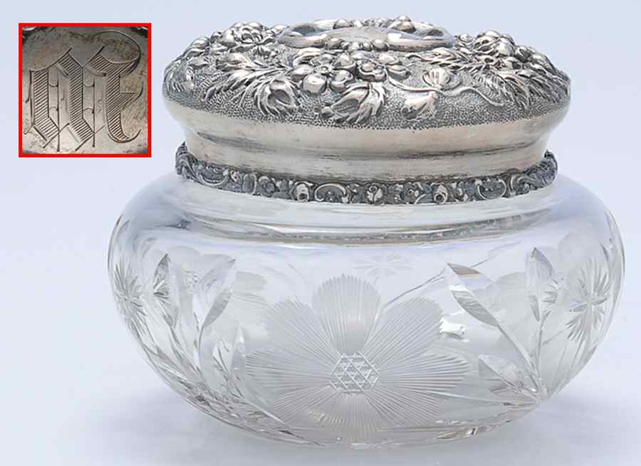 Stieff Rose (Sterling, 1892, Hollowware) Powder Jar, Crystal Bowl and Sterling Lid by Kirk Stieff-1