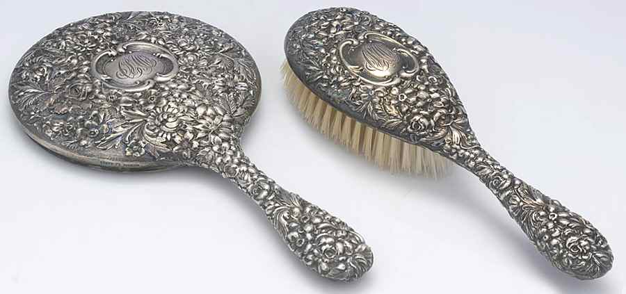 Stieff Rose (Sterling, 1892, Hollowware) 2 Pc Vanity Set (Hair Brush & Mirror) by Kirk Stieff-1