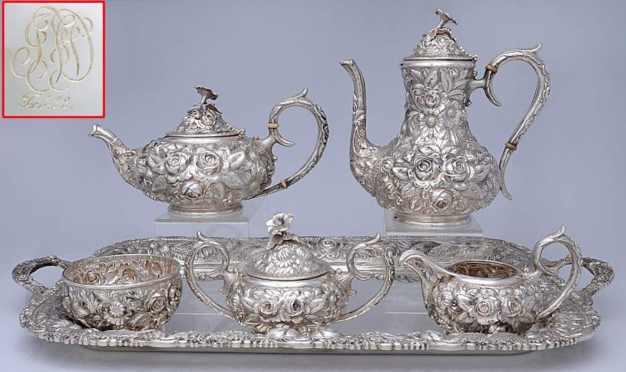 Stieff Rose (Sterling, 1892, Hollowware) 6 Piece Tea Set (CP4, TP4, CR4, SU4, WB4, WTLM1) by Kirk Stieff-1