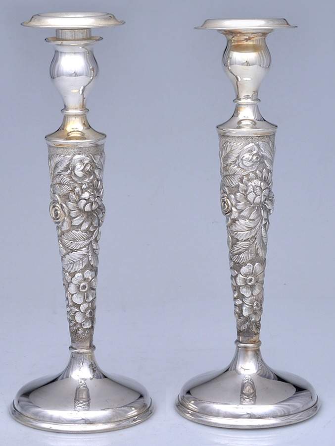 Stieff Rose (Sterling, 1892, Hollowware) Pair of Weighted Candlesticks with Bobeche by Kirk Stieff-1