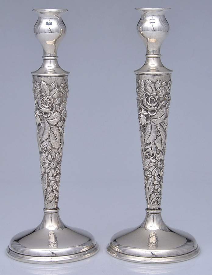 Stieff Rose (Sterling, 1892, Hollowware) Pair of 9" Weighted Candlesticks by Kirk Stieff-1