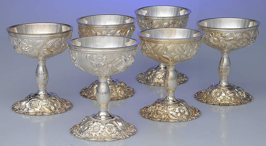 Stieff Rose (Sterling, 1892, Hollowware) (Set of 6) Stemmed Ice Cream Cups & Liner by Kirk Stieff-1