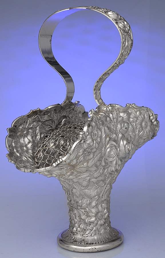 Stieff Rose (Sterling, 1892, Hollowware) Sterling Flower Basket with Frog by Kirk Stieff-1