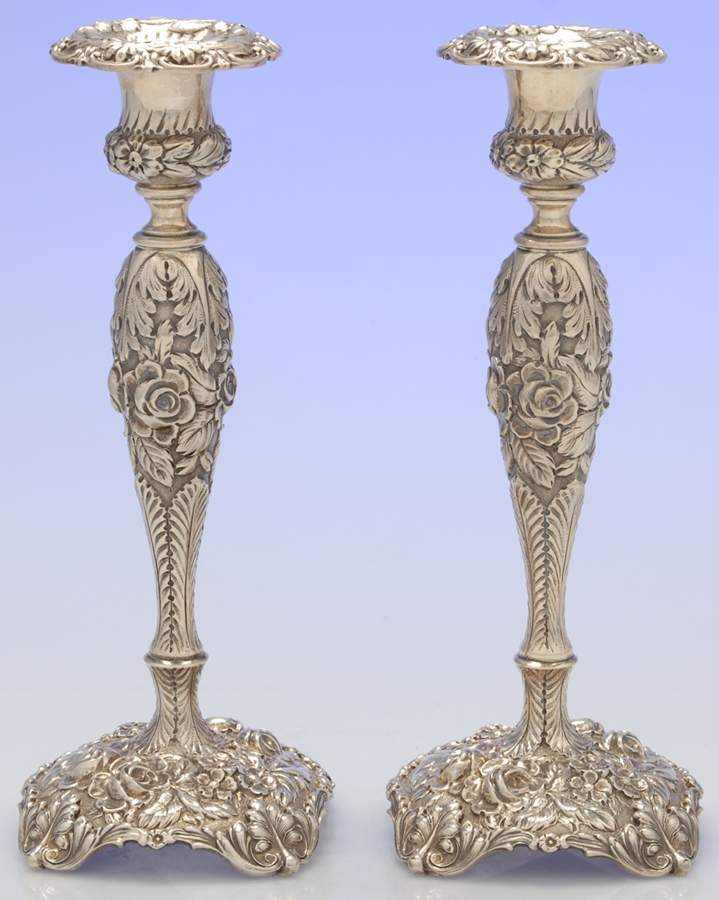 Stieff Rose (Sterling, 1892, Hollowware) Pair of 9" Weighted Candlesticks by Kirk Stieff-1
