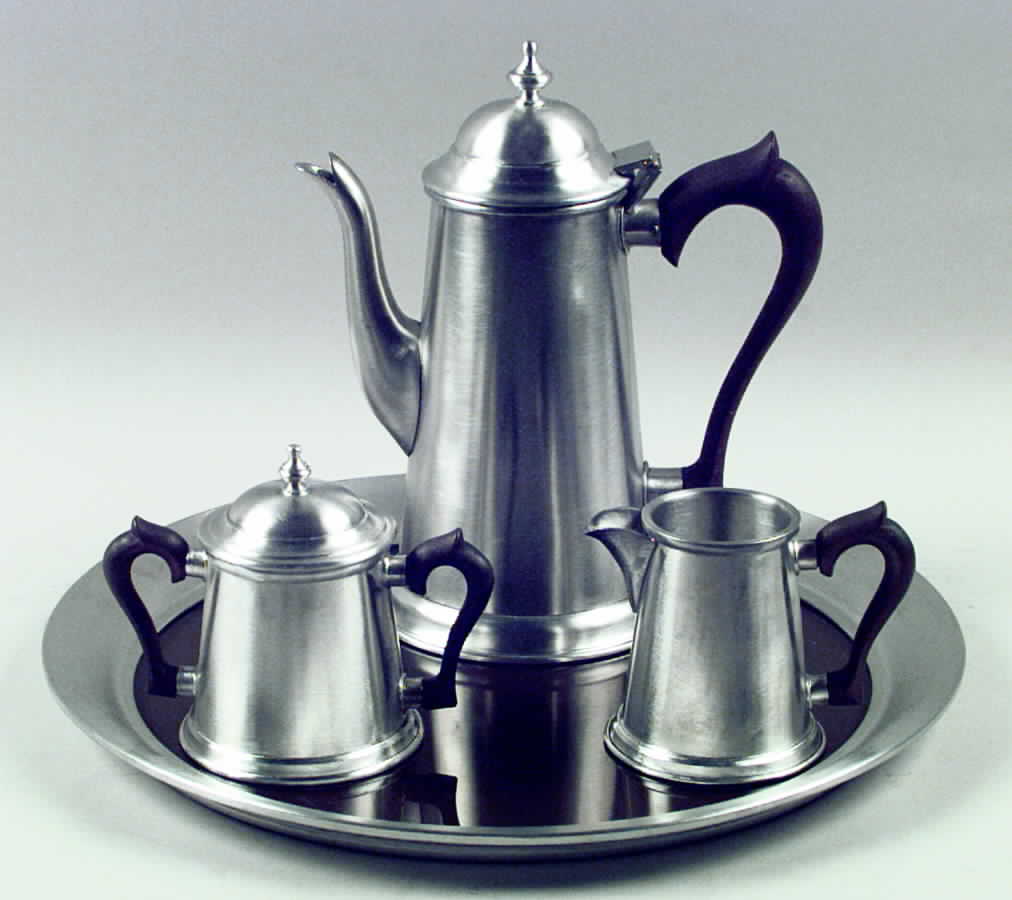 Colonial (Pewter, Hollowware) 4 Piece Coffee Set with Black Handle (CPBH,CRBH,SUBH,TRBL14) by Kirk Stieff-1