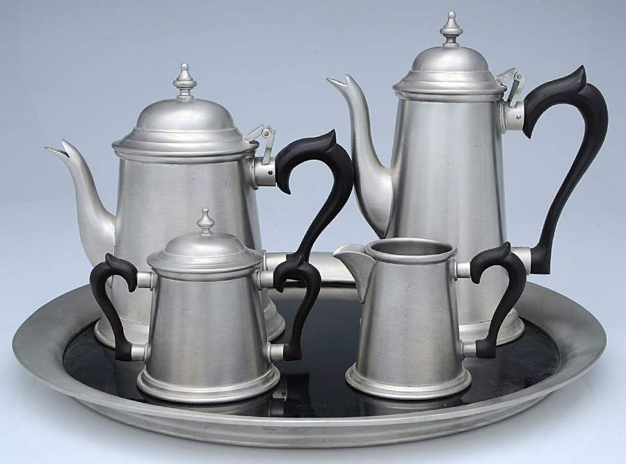 Colonial (Pewter, Hollowware) 5 Piece Tea Set with Black Handles (CPBH,TPBH,CRBH,SUBH,RT16M1) by Kirk Stieff-1