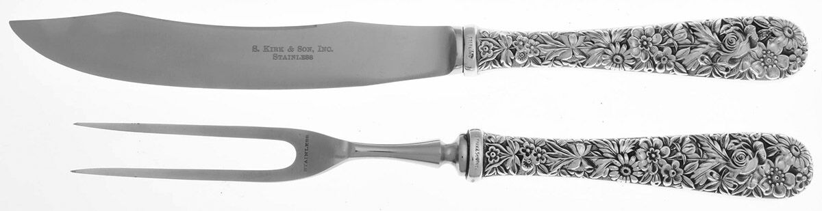 Repousse (Sterling, 1924, S.Kirk & Son, Inc.) Small 2-Piece Steak Carving Set w/Stainless Blade by Kirk Stieff-1