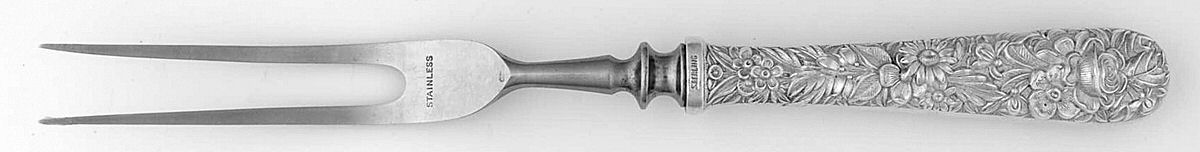Repousse (Sterling, 1924, S.Kirk & Son, Inc.) Small Steak Carving Fork with Stainless Prongs by Kirk Stieff-1