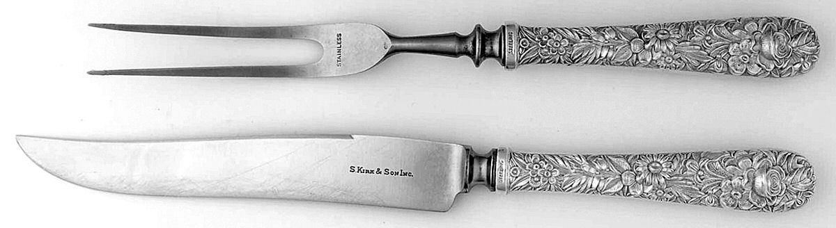 Repousse (Sterling, 1924, S.Kirk & Son, Inc.) Small 2-Piece Steak Carving Set w/Stainless Blade by Kirk Stieff-1