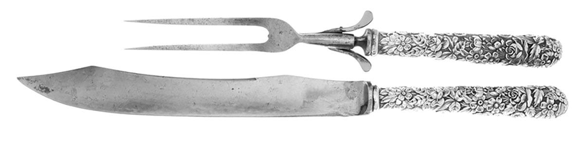 Repousse (Sterling, 1896, 925-1000) 2 Pc Large Full Repousse Roast Carving Set,StnlBld by Kirk Stieff-1