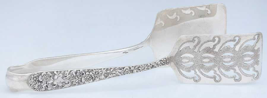 Repousse (Sterling, 1896, 925-1000) Solid Piece Aspragus Tongs by Kirk Stieff-1