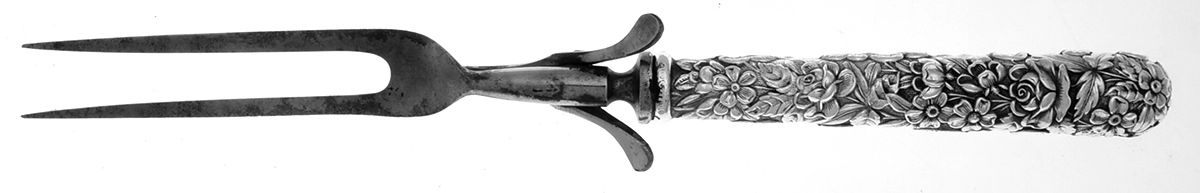 Repousse (Sterling, 1896, 925-1000) Large Full Repousse Steak Carving Fork,Stnls Blade by Kirk Stieff-1