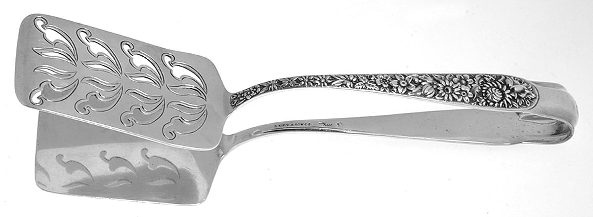 Repousse (Sterling, 1896, 925-1000) Solid Piece Aspragus Tongs by Kirk Stieff-1