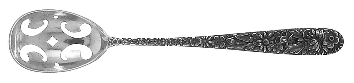Repousse (Sterling, 1896, 925-1000) Pierced Bowl Short Handle Olive Spoon by Kirk Stieff-1