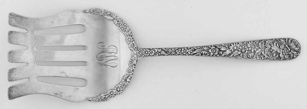 Repousse (Sterling, 1896, 925-1000) Oversize Solid Asparagus Serv. Fork W/Applied Bowl by Kirk Stieff-1