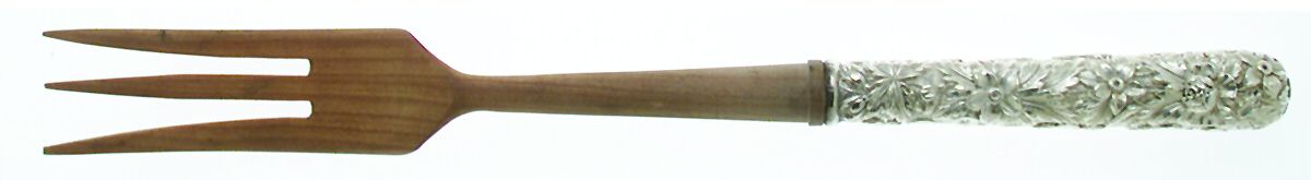 Repousse (Sterling, 1896, 925-1000) Salad Serving Fork with Wooden Prongs by Kirk Stieff-1