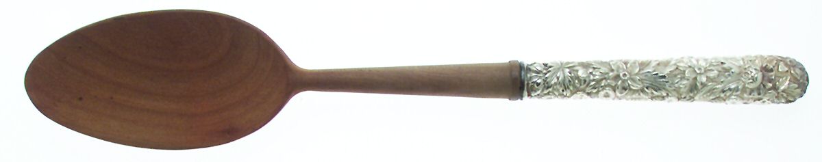Repousse (Sterling, 1896, 925-1000) Salad Serving Spoon with Wooden Bowl by Kirk Stieff-1