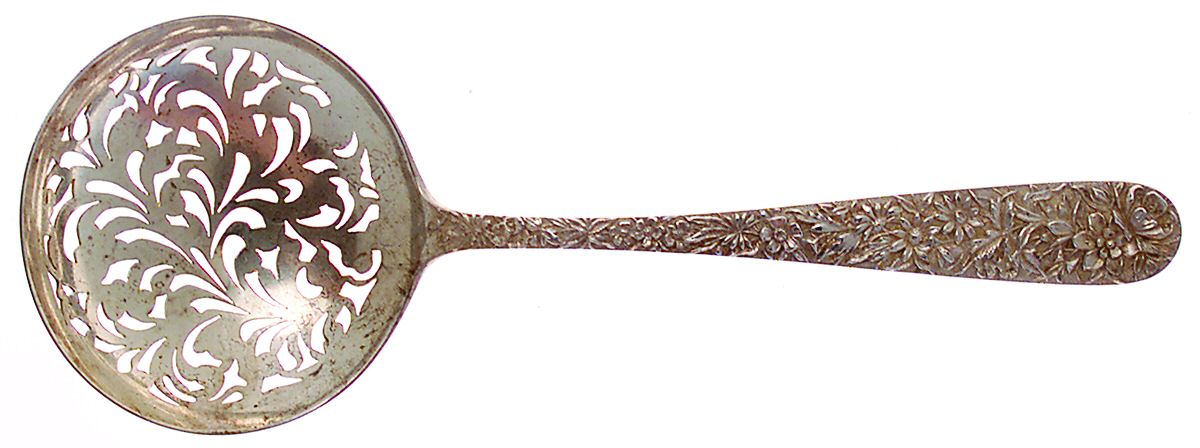 Repousse (Sterling, 1896, 925-1000) Large Pierced Pea Serving Spoon by Kirk Stieff-1