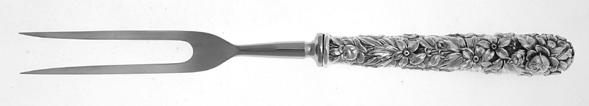 Repousse (Sterling, 1896, 925-1000) Large Stainless-Prong Roast Carving Fork by Kirk Stieff-1
